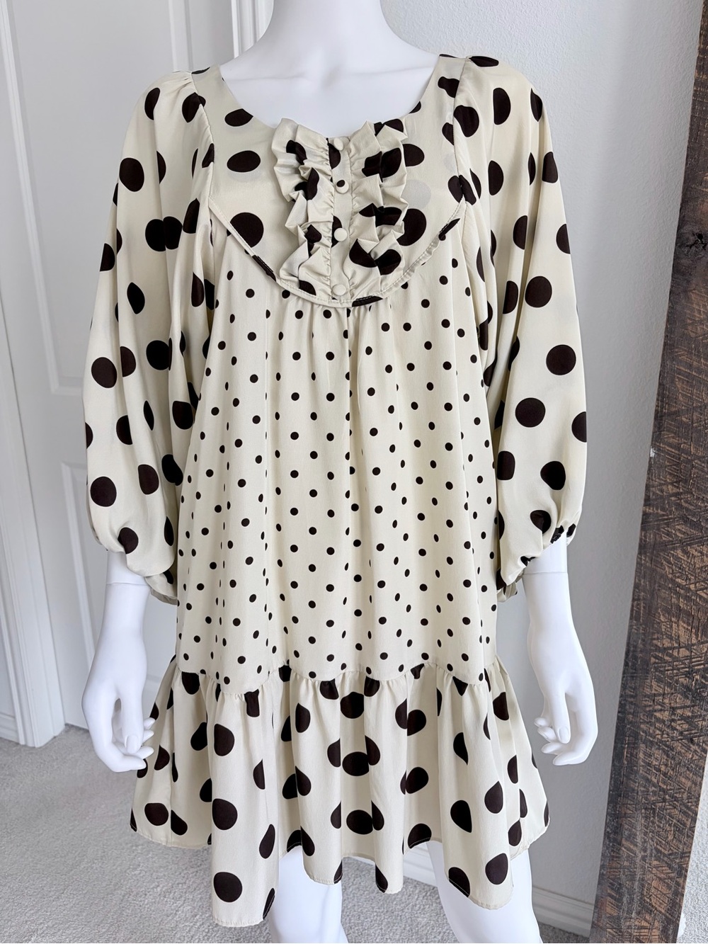 ANIYE BY Polka Dot Ruffle Dress Cream Brown Size 42